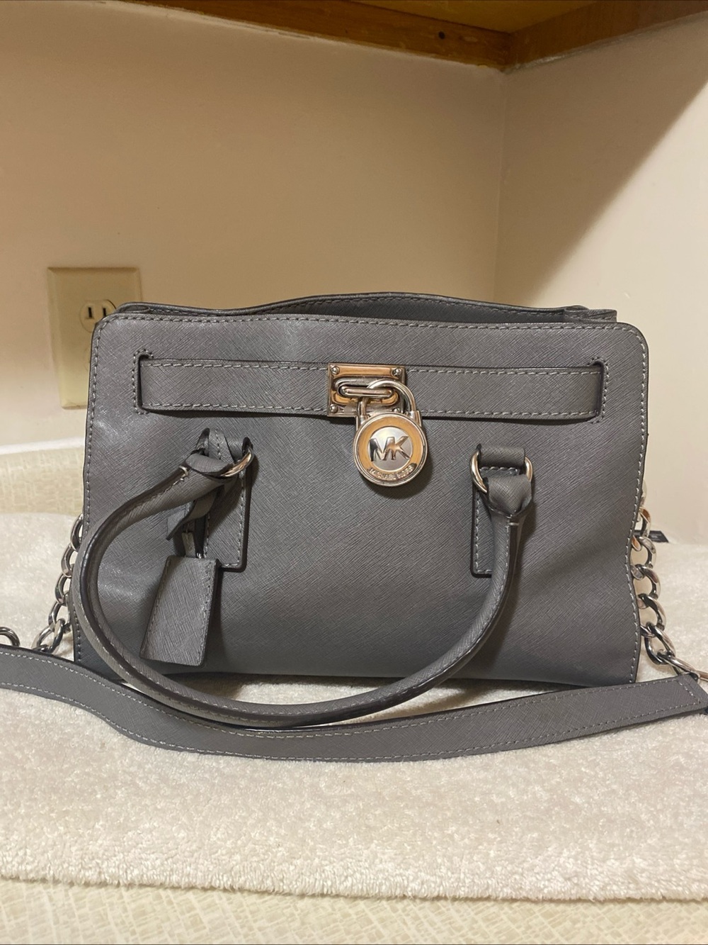 Michael Kors Gray Saffiano Satchel with MK Charm